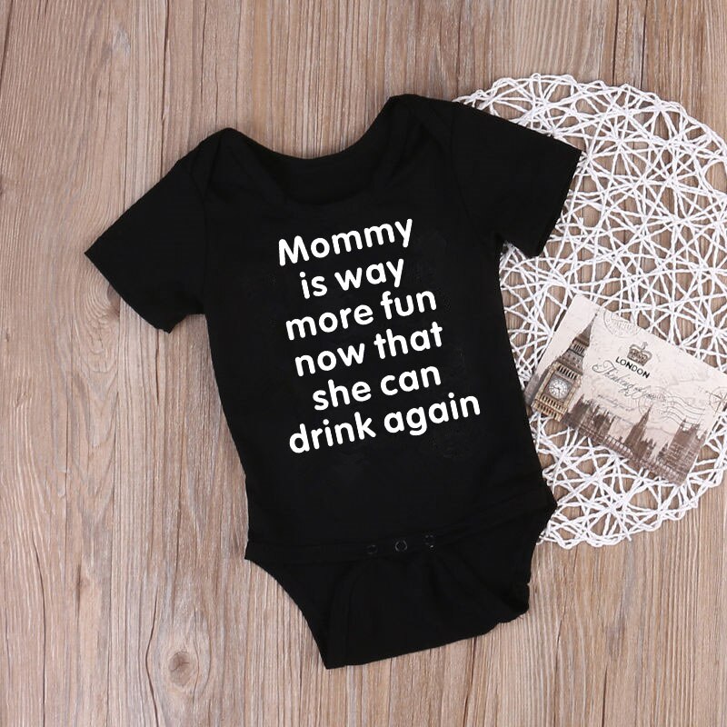 Newborn Baby Boy Girl Short Sleeve Romper Letter Print Mommy Is Way More Fun Drink Cotton Baby Clothes Summer Baby Clothing: Black / 12M