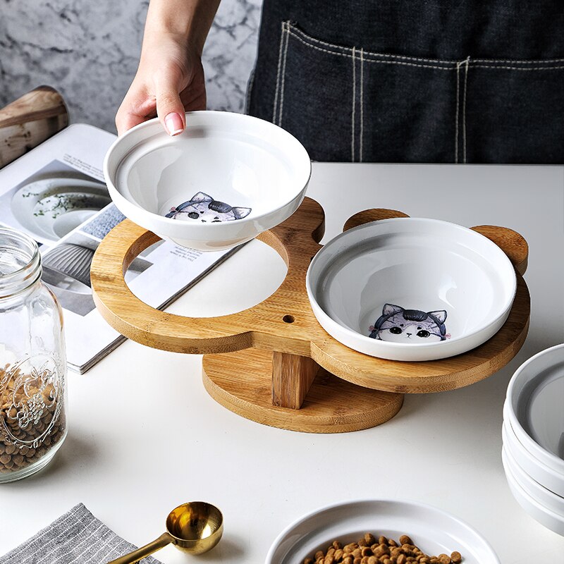 Nuovo alto-fine animale domestico Ciotola di Bambù Mensola in Ceramica di Alimentazione e Bere Ciotole per Cani Gatti Doppio Ciotole animale domestico alimentatore accessori