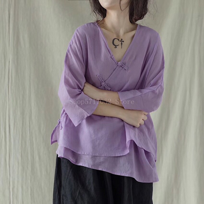Ropa china tradicional Retro para mujer, camisas de lino con cuello en V, Tops holgados Vintage de doble capa, Tops elegantes de estilo chino Hanfu