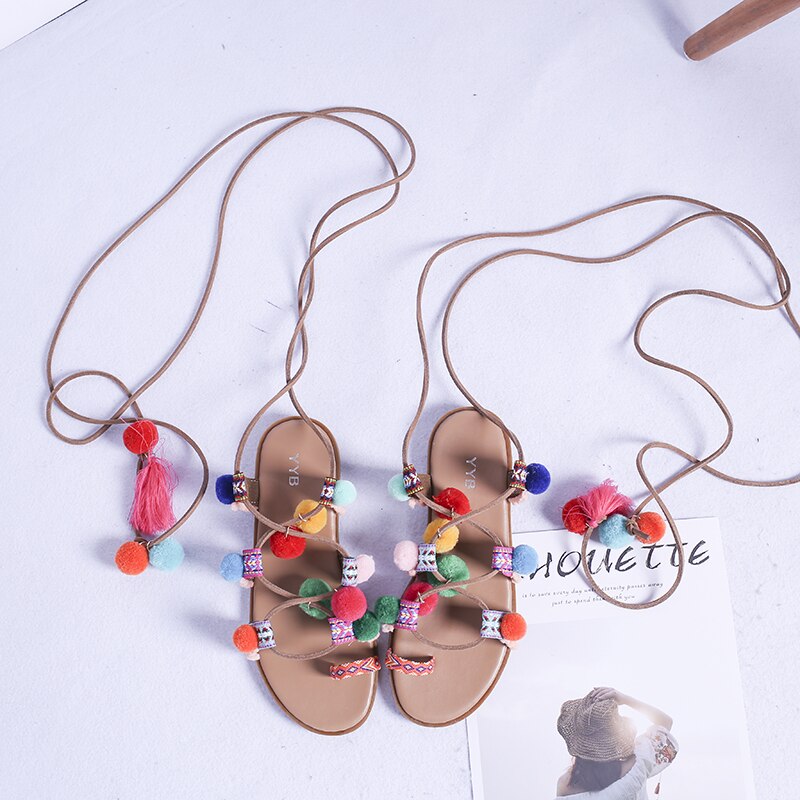 Summer Bohemian Lace-up Sandals Women Style Sweet Colour Fuzzy Ball Flat Cross-tied Shoes Mixed Colors Ankle-strap Sandals