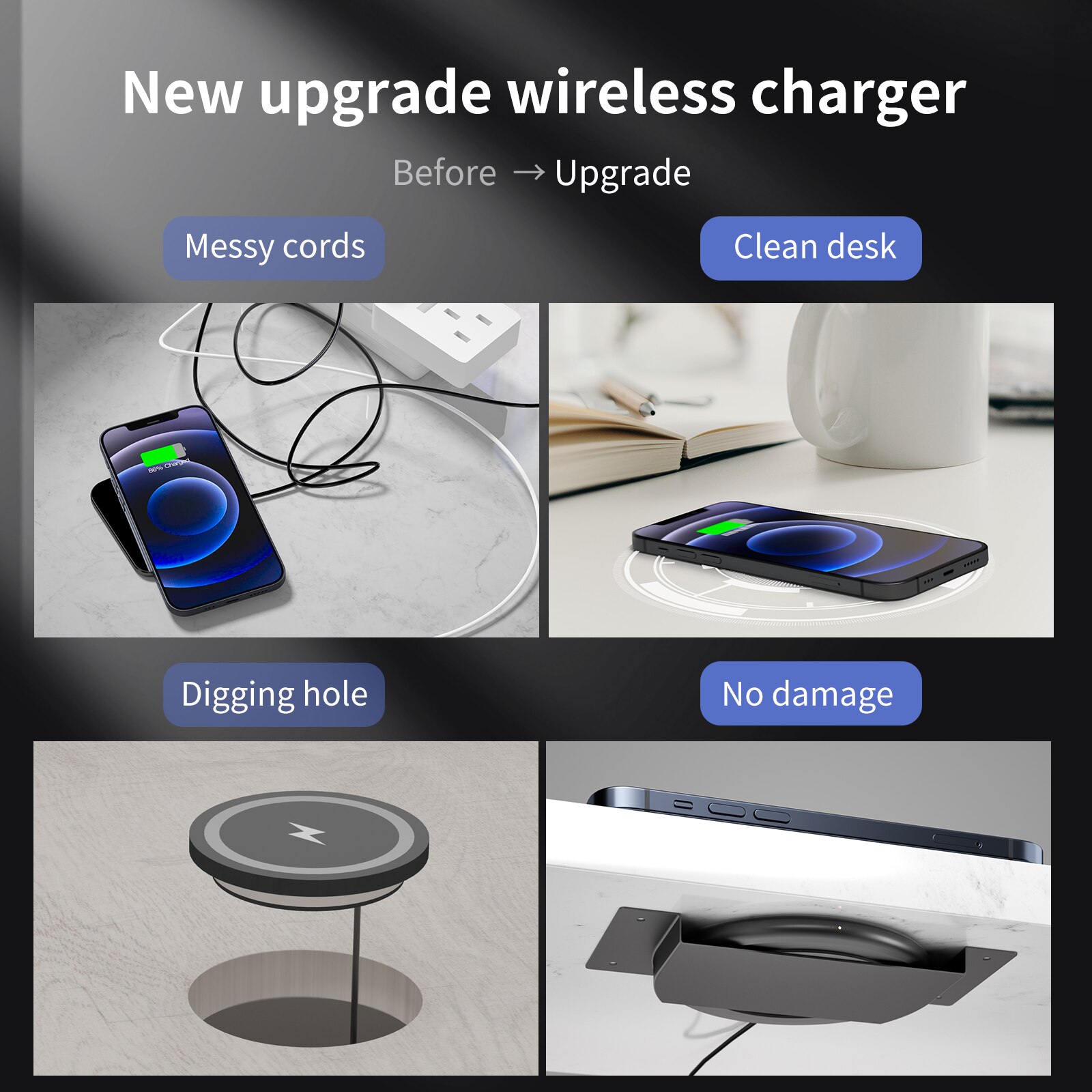 KPON-cargador inalámbrico Invisible, almohadilla de carga inalámbrica de larga distancia oculta para teléfono debajo del escritorio, QI, 10W