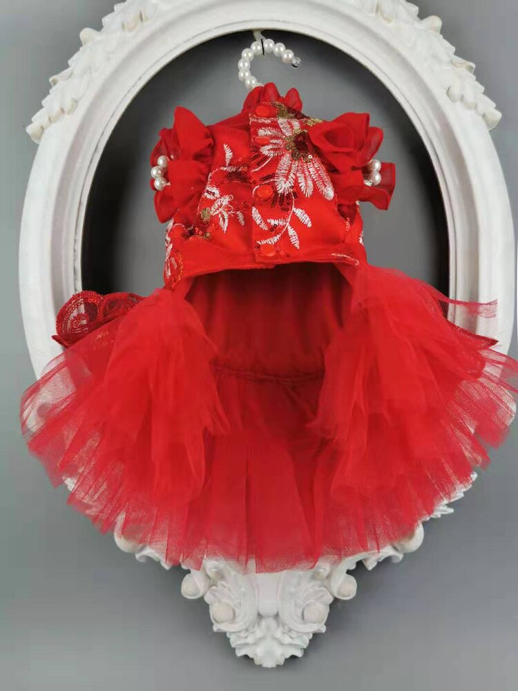 à la main chien vêtements chien robe rouge paillettes brodé fleur robe de mariée pour animaux de compagnie chats caniche Yorkie maltais