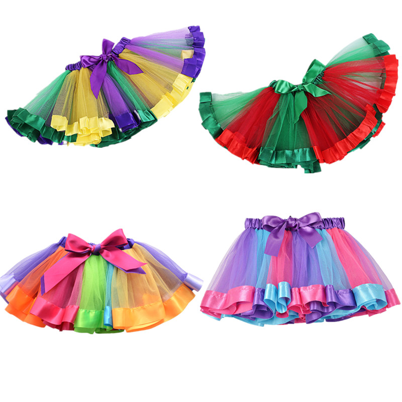Barn prinsesskjol färgglad regnbåge tyll pilbåge fluffig för tjejfest baby tutu kjol 2-8 år gammal