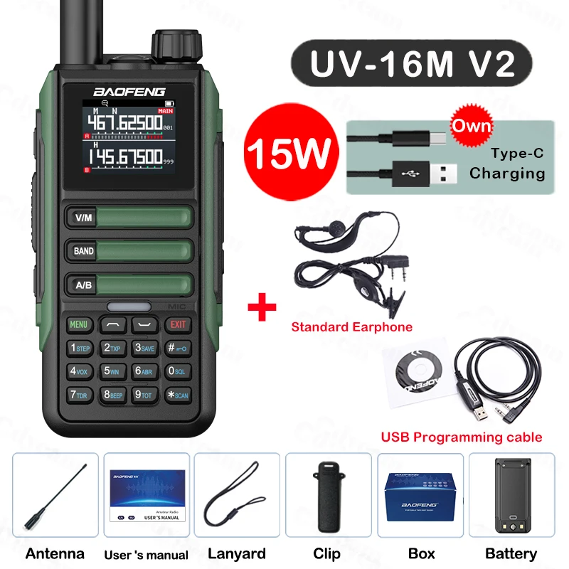 Upgrade Baofeng UV16M V2 Walkie Talkie 15W High Capacity AM FM 2-Way Radio Full Band LCD 999CH Frequency Copy NOAA Noise Reduce: Blue