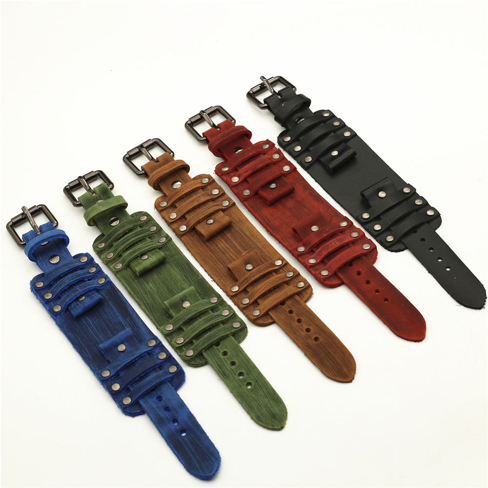 Punk svart blå röd grön brun läder klockarmband herr 22mm 24mm klockarmband armband smycken