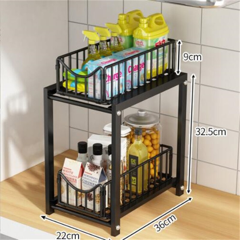 Drawer Organizer Kitchen Bathroom Storage Pull Out Under Sink Desktop Cabinet Basket: B Black S