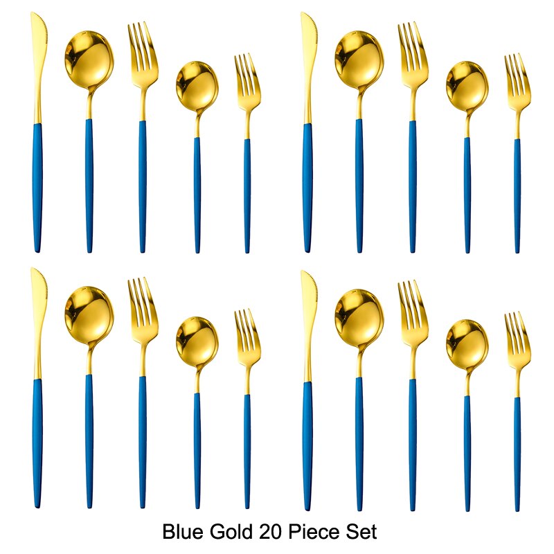 20 pièces or noir ensemble de couverts ensemble de vaisselle 18/10 acier inoxydable couteau Dessert fourchette cuillère vaisselle argenterie directe: Blue Gold
