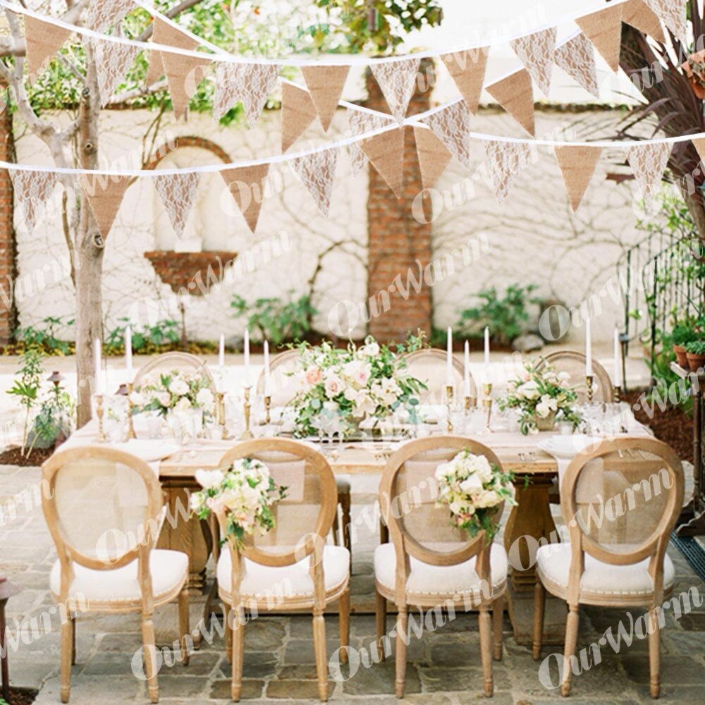 OurWarm 3m Wedding Banner Background Party Photography Props Decoration 12*16*16cm Burlap Lace Bunting Banner 13 Flags