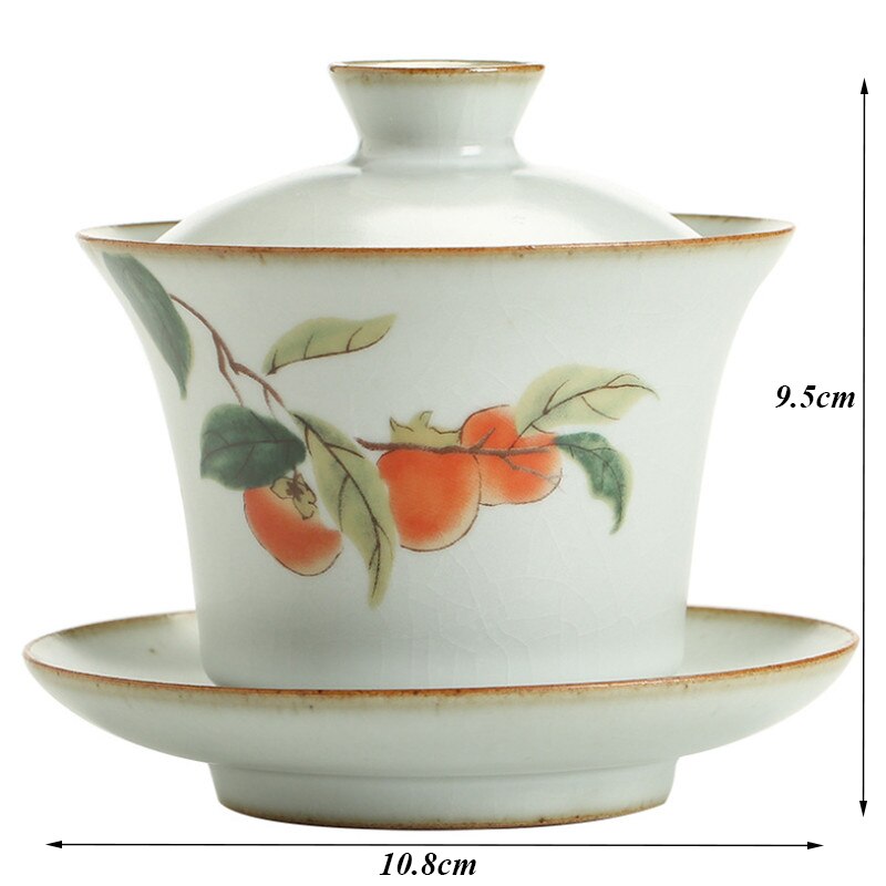 Large Jingdezhen Kiln Retro Ceramic Hand-painted Persimmon Kung Fu Gaiwan Handmade Porcelain Tea Tureen Office Tea Cup Drinkware