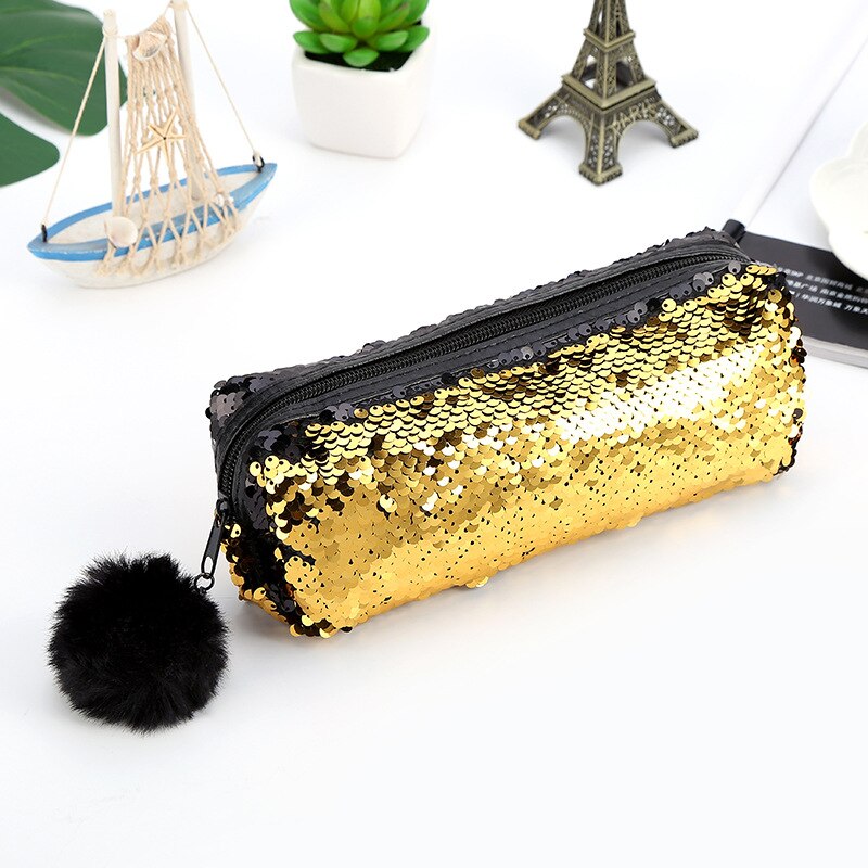 Estuche para lápices con lentejuelas para niñas, material escolar, estuche para lápices con bolas de pelo, caja de lápices Estuche para escolar