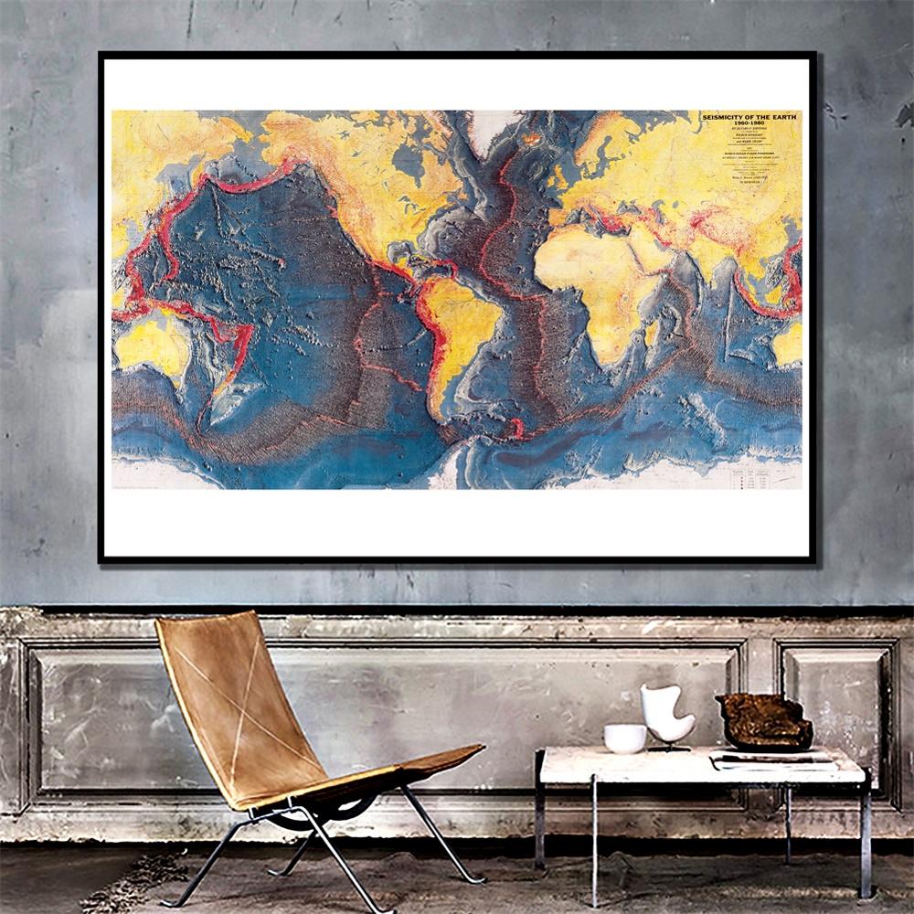 24X48 Inch 1960-1980 Seismicity Van De Aarde Home Office Muur Decor Canvas Schilderij Woonkamer Decor kaart