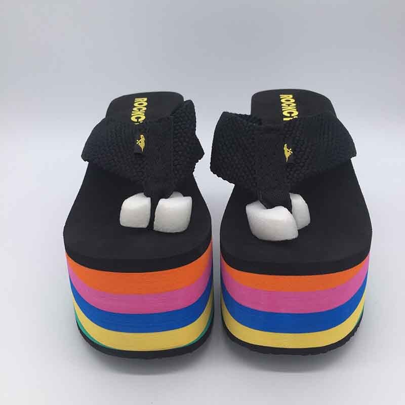 Superhög klack dam flip flops sandaler tofflor tjock botten plattform sluttning strand kvinnlig regnbåge slides skor