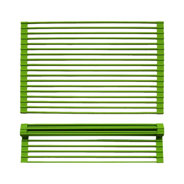 Dishwasher Safe Food Defrost Silicone Coated Foldable Roll Up Stainless Steel Dish Drying Rack: Green