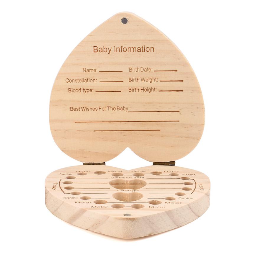Herz bilden Gefallenen Zahn Kasten Lagerung Englisch Spanisch Text Baby Junge Mädchen Holz fallen Sparen Sie Milch Zähne Sammlung Veranstalter Halfter