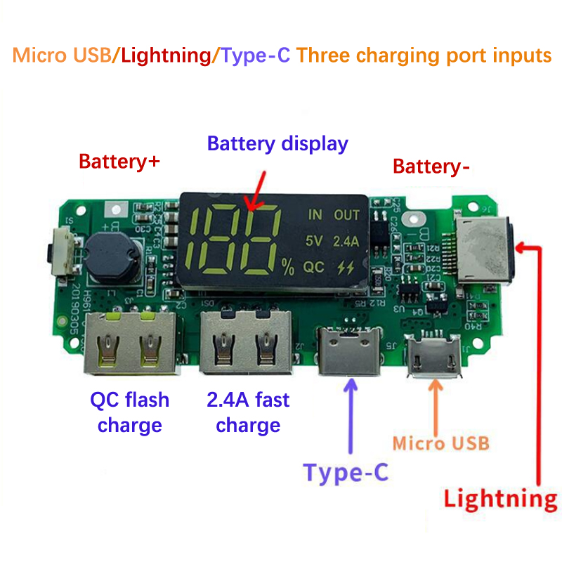 Cargador de batería de litio, Placa de protección de circuito, USB Dual LED, 5V, 2.4A, Micro/tipo-c, Banco de energía móvil, módulo de carga 18650