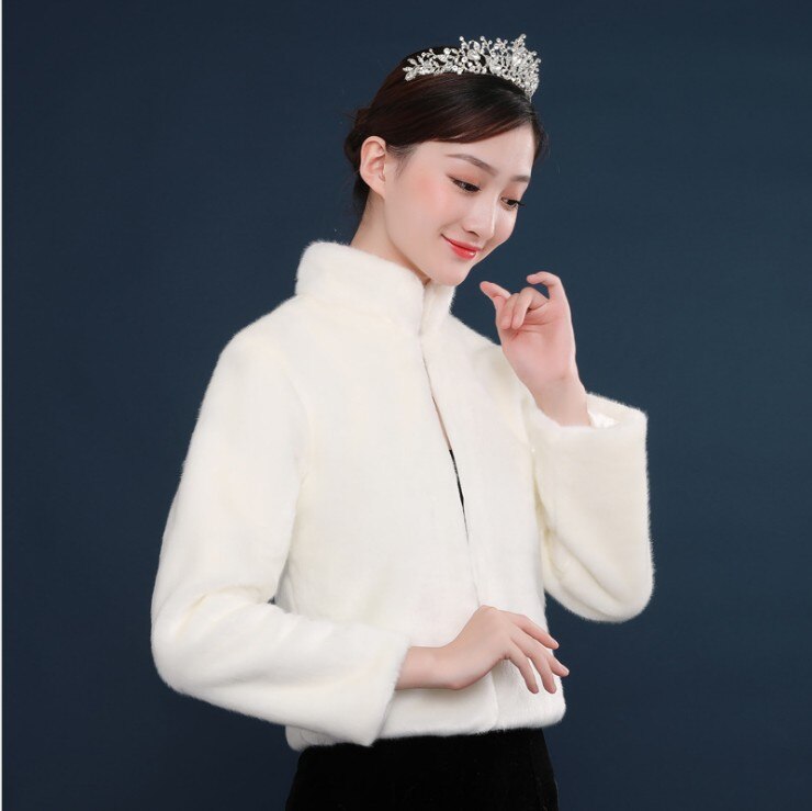 Rouge à manches longues fausse fourrure col haut boléro soirée mariage bal foulard de tête pour femme fourrure haussements d'épaules veste mariée demoiselles d'honneur couvrir: Ivoire