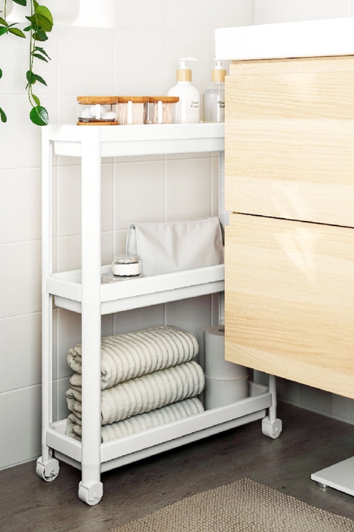 Vesken – étagère à roulettes à 3 niveaux, blanche et noire, pour salle de bain, cuisine, Table de service, organisateur de meubles, d&#39;accessoires: WHITE