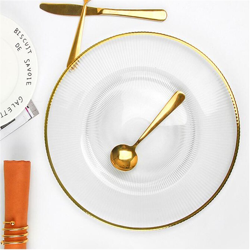 2pcs Glass Dinner Plates Gold Inlay Steak Cake Dessert Charger Plate Table Buffet Dishes Table Service Plates for Wedding Party