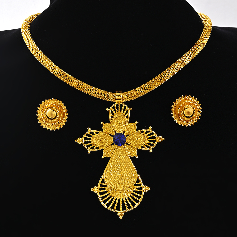 Saoedi-Arabië 24K Goud Kleur Ethiopië Vrouwen Sieraden Ketting Oorbel Afrikaanse Arabische Bruids Set Habesha Eritrea Party