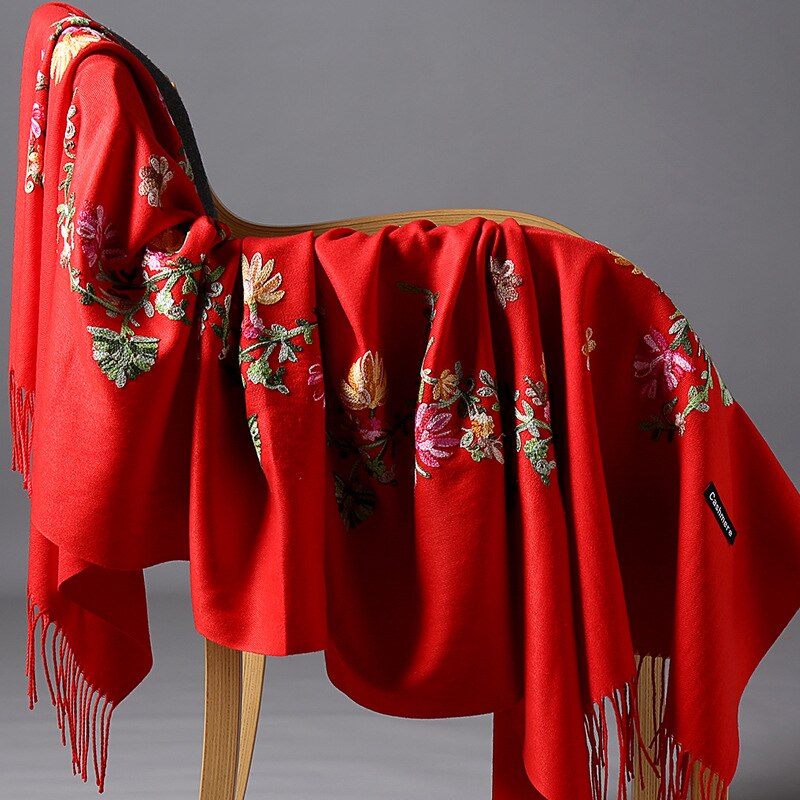 Borduren Bloemen Sjaal Vrouwen Kasjmier Katoen Viscose Sjaals Soild Plain Borduur Sjaals Moslim Kwasten Hijaabs GP02: orange red