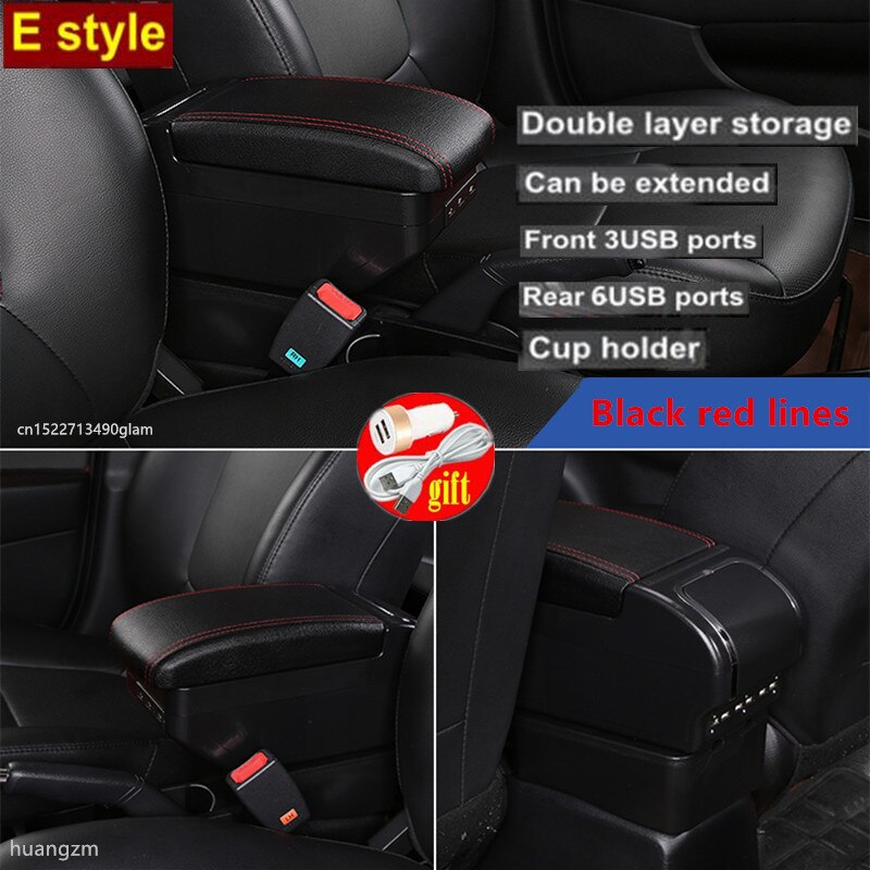 For Fiat 500 Armrest Box Central Store Content Storage Box with Cup Holder Ashtray USB Interface: E Black Red 9 USB