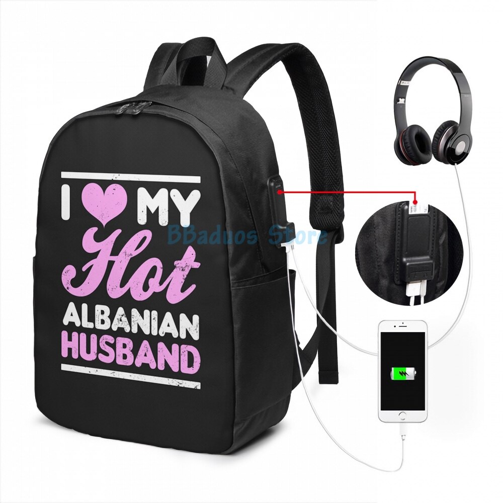 Funny Graphic print Albania Shirt Love My Husband USB Charge Backpack men School bags Women bag Travel laptop bag: USB Backpack 17 in