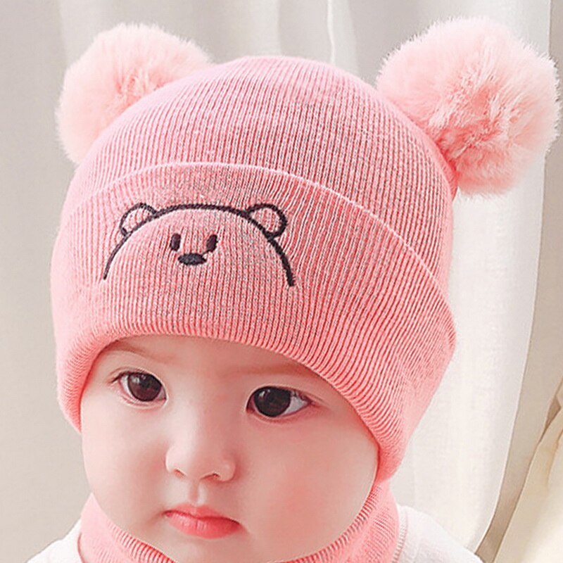 Baby winter warme mutsen 2 stuks peutermuts + twitter pompon kindermuts muts enfant gebreide schattige muts voor meisjes jongens 0-24 maanden: Roze hoed