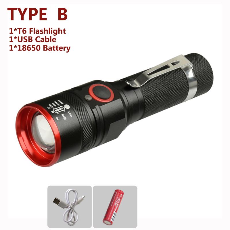 6000 Lumens Flashlight USB Rechargeable T6 LED Flashlight Torch Lamp Lantern 18650 Waterproof Bike LED Holding Clip Flash Light
