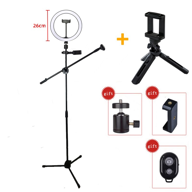Phone Photography Beauty LED Ring Light Lamp Dimmable Adjustable Shooting Boom Arm Photo Light Studio Stand Tripod Holder Kit