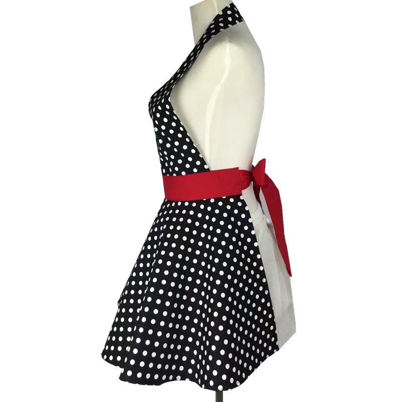 Mooie Retro Schorten Voor Vrouwen Koken Schort Leuke Verstelbare Katoen Sexy V-Hals Polka Dot Zwarte Schort Klassieke Grote wave