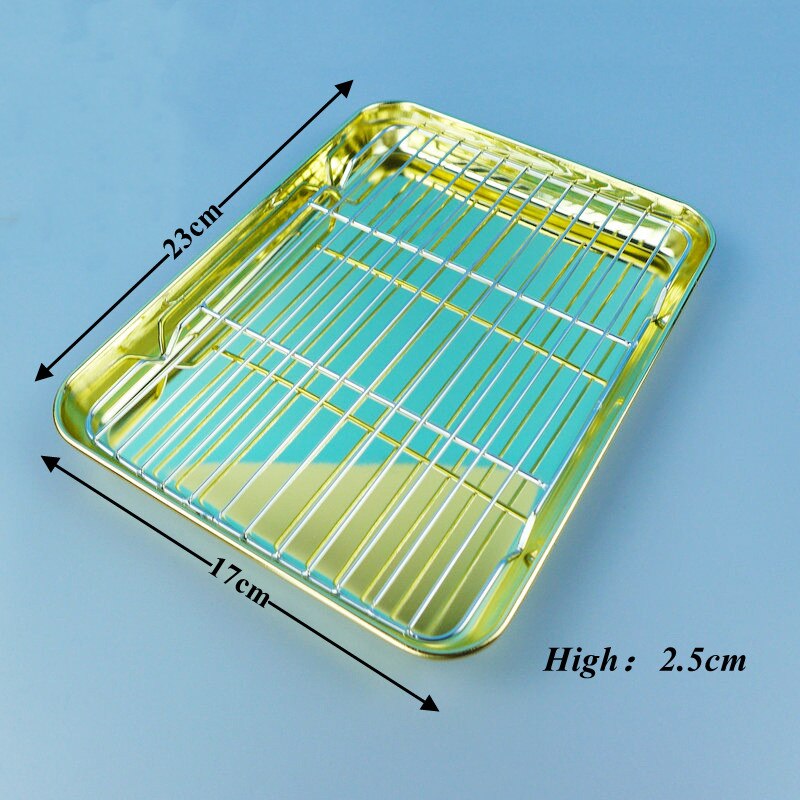 Stainless Steel Rectangle Plate with Net Rack Restaurant Fish BBQ Fried Chicken Cooling Serving Plate Skewers Seafood Tableware: Golden-23cm