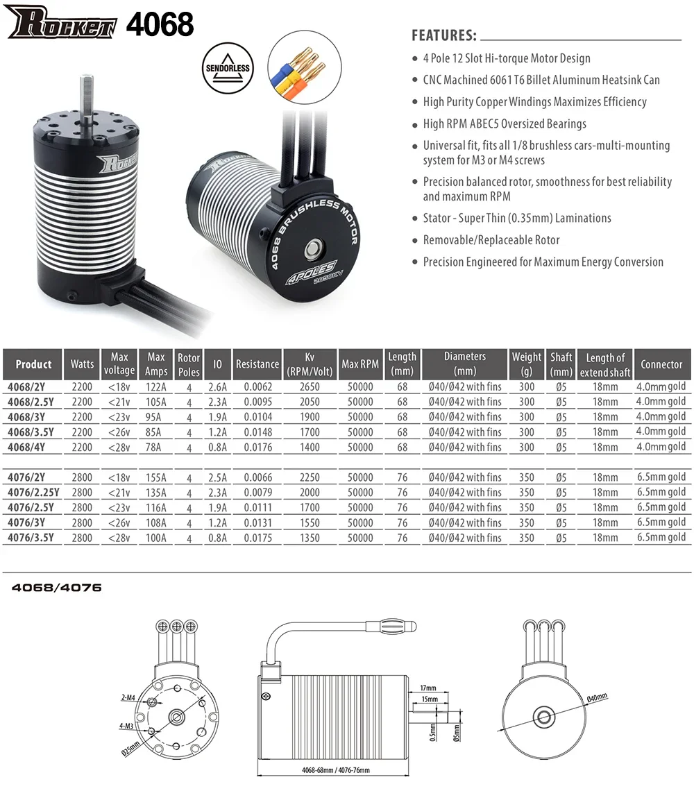 ROCKET-RC F540 2845 3650 3660 3665 3670 3674 4068 Waterproof Brushless Motor for 1/10 1/12 RC Car Model WLtoys 12428 10428 WPL