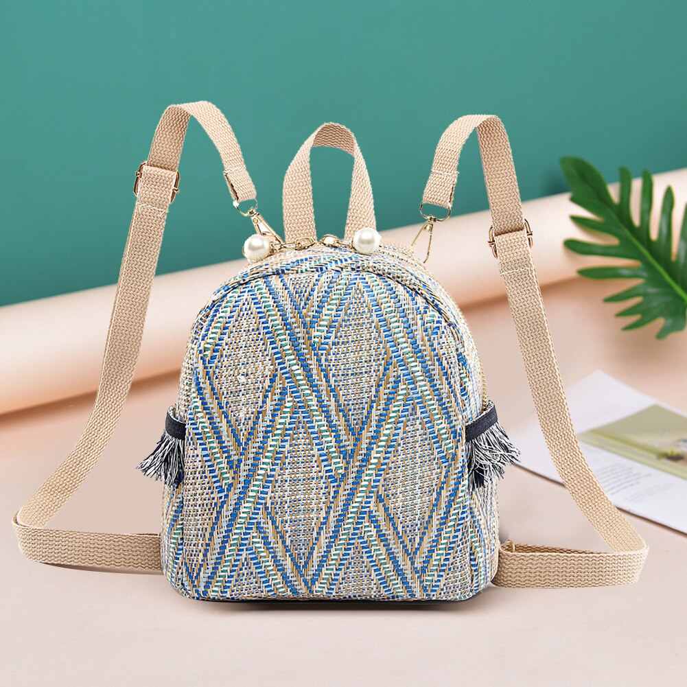 Paglia Intrecciata borsa Da Viaggio Piccolo Sacchetto Zaini Delle Donne Della Banda di Stampa di Spalla Borse Da Scuola Casual di Lavoro A Maglia Zaino Zaino Mochila Mujer: Style A Blue