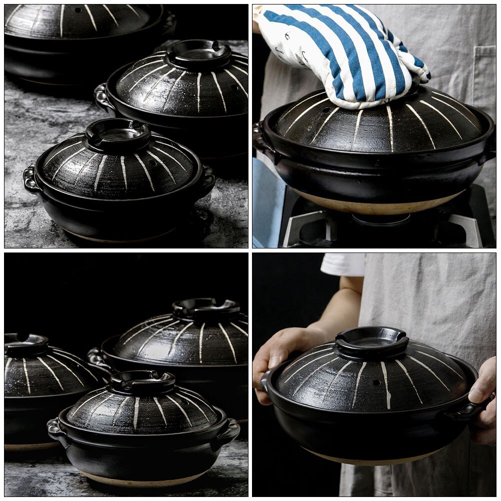 1Pc Kitchen Ceramic Soup Cooking Pot Stove Stew Pot Household Cookware Supply (Black)