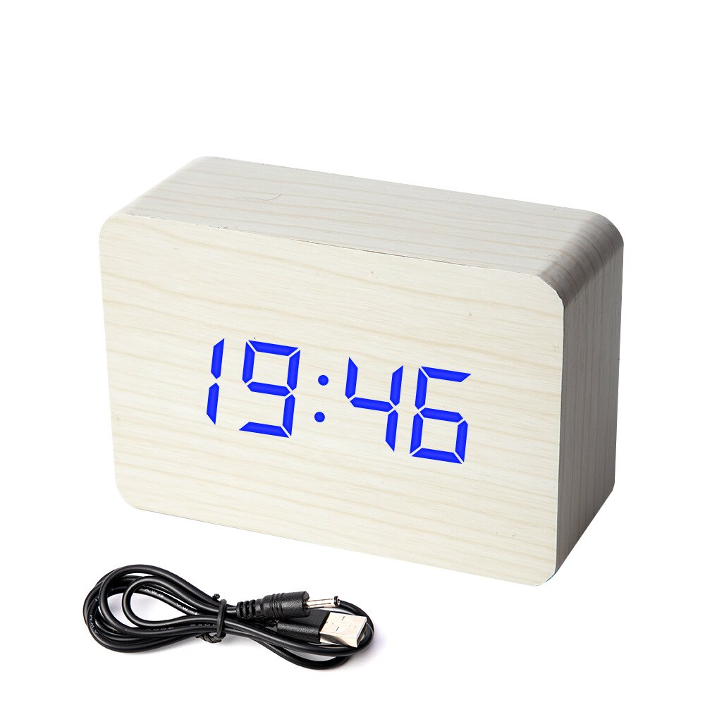Houten bamboe led digitale wekker klok despertador moderne temperatuur bureauklok led elektronisch: Wit hout blauw