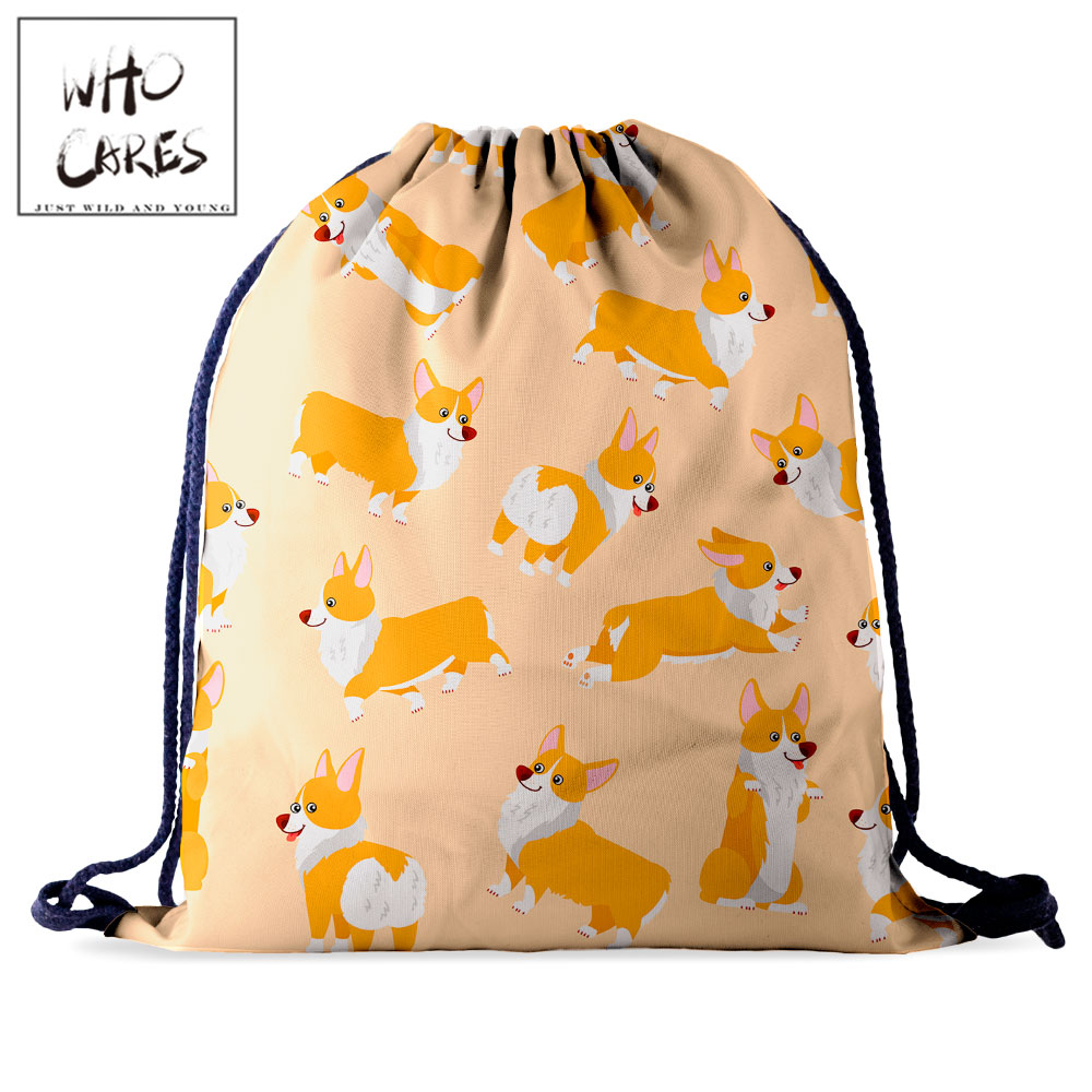 Who Cares Corgi Drawstring Bag For Shoes In School String Pouch Fabric 3D Printing Gym Bag Lace Backpack