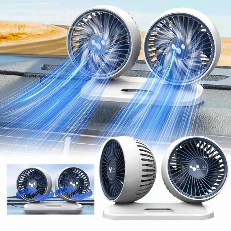 12 V 24 V Auto-Lüfter, Doppelkopf-Luftventilator, rotierender elektrischer Ventilator, 360-Grad-Auto-Lüfter, USB-Anschluss, Hochleistungskühler, Autozubehör