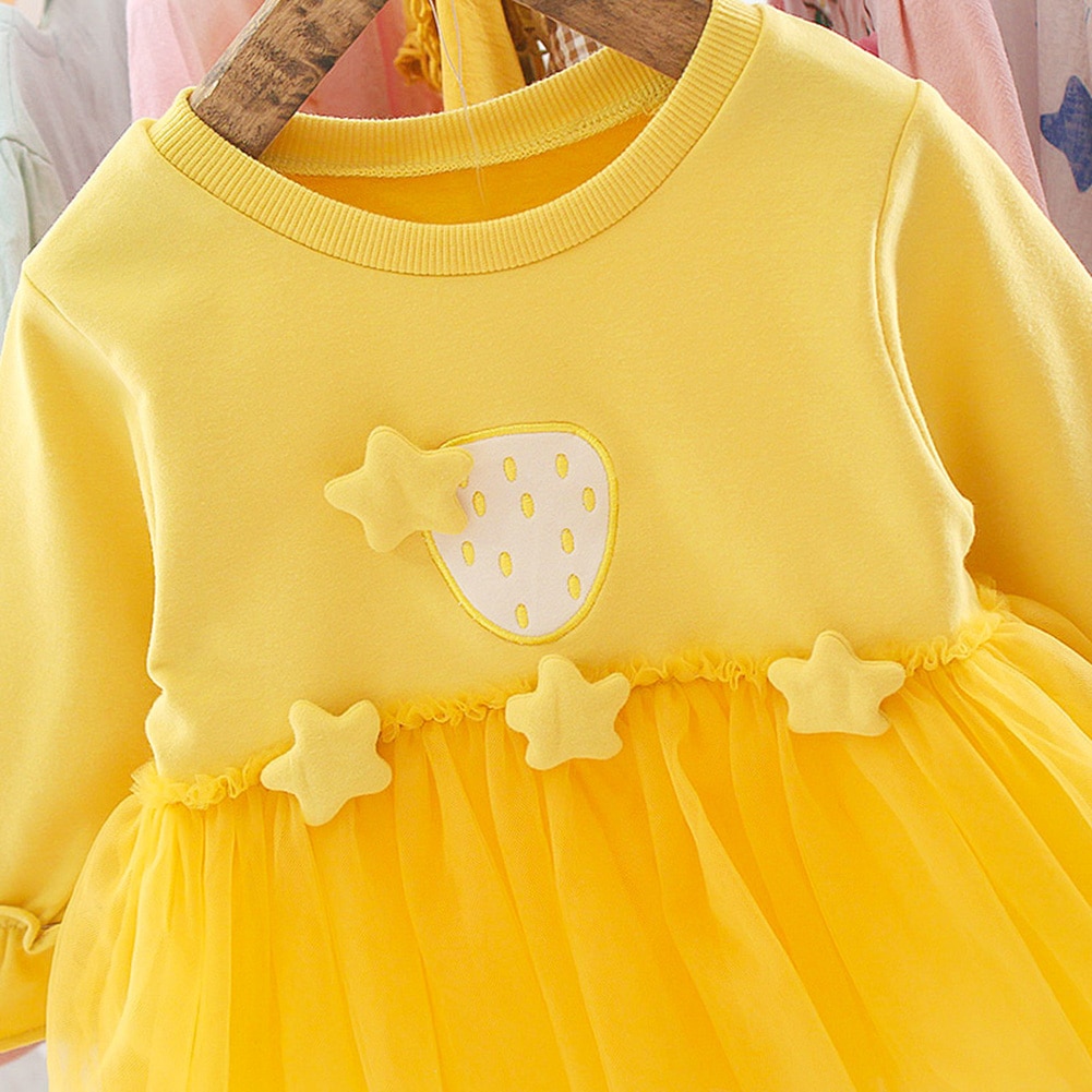 Baby Girls Autumn Solid Color Long Sleeve Stars Decor Stitching Tulle Dress Princess Dresses Clothes