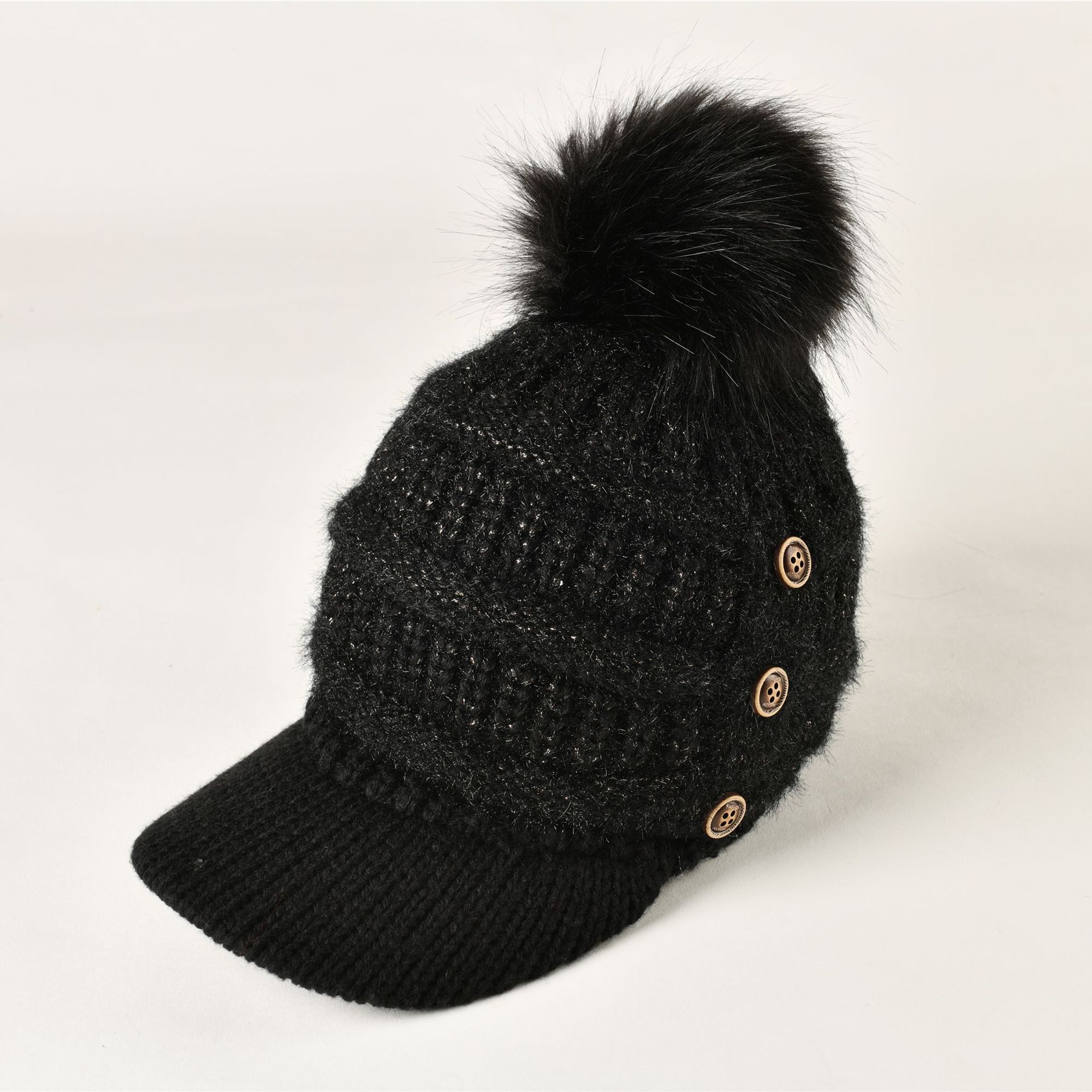 Gorro de lana con forma de bola para mujer, gorro de lana con forma de cúpula cálida, con botones, en 6 colores, para invierno y otoño: Negro