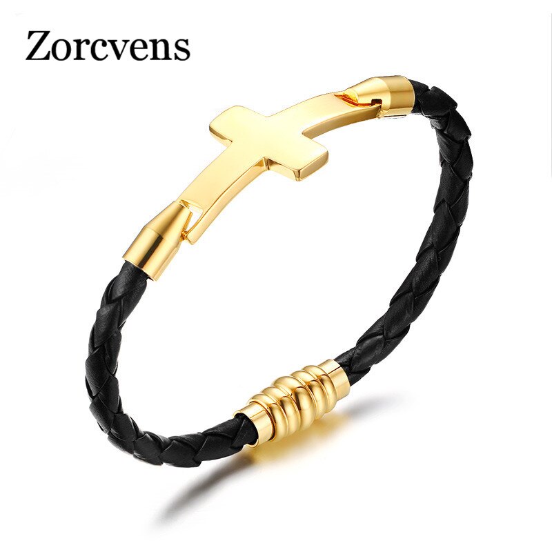 Zorcvens Mode Gouden Kleur Rvs Cross Armbanden En Armbanden Voor Mannen Lederen Mannen Hand Ketting Armband