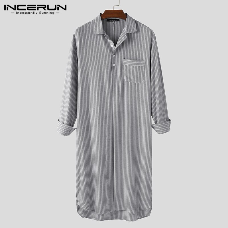 Mannen Gestreepte Gewaden Leisure Revers Lange Mouw Knop Comfortabele Homewear Nachtjapon Casual Heren Badjassen Nachtkleding S-5XL Incerun