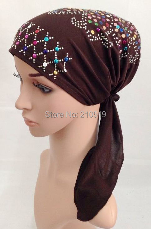 (Paillettes motifs envoyer aléatoire) cristal ITY élastique chapeau musulman hijab turban islamique (Plus de couleurs stock maintenant): 10coffee