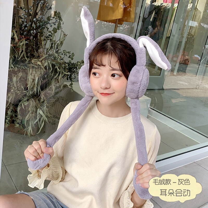 Protège-oreilles mobiles pliables avec oreille de lapin en hiver coupe-vent pour filles, protège-oreilles en peluche tricoté, oreilles de lapin poilu: Plush grey