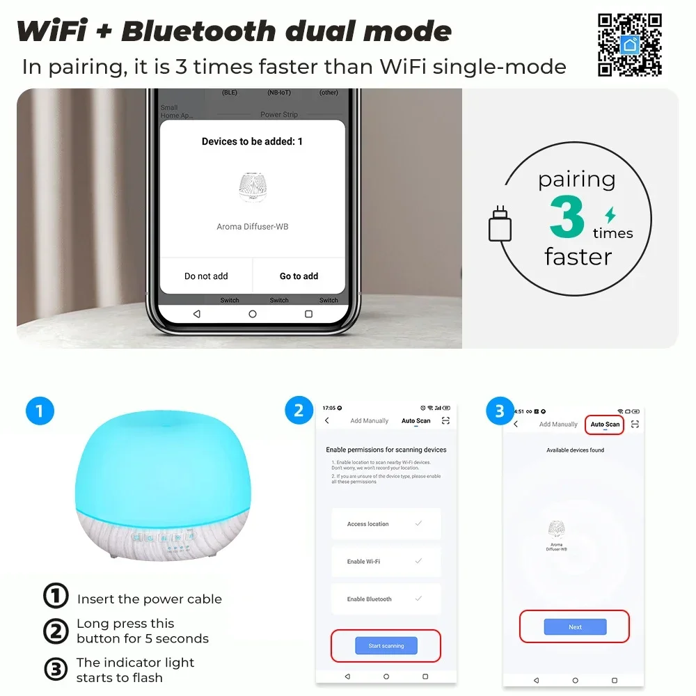 Humidificateur d'air intelligent de diffuseur d'huile essentielle d'aromathérapie de WiFi 500ml, connecte à Tuya, Alexa et Google Home avec 7 couleurs de LED