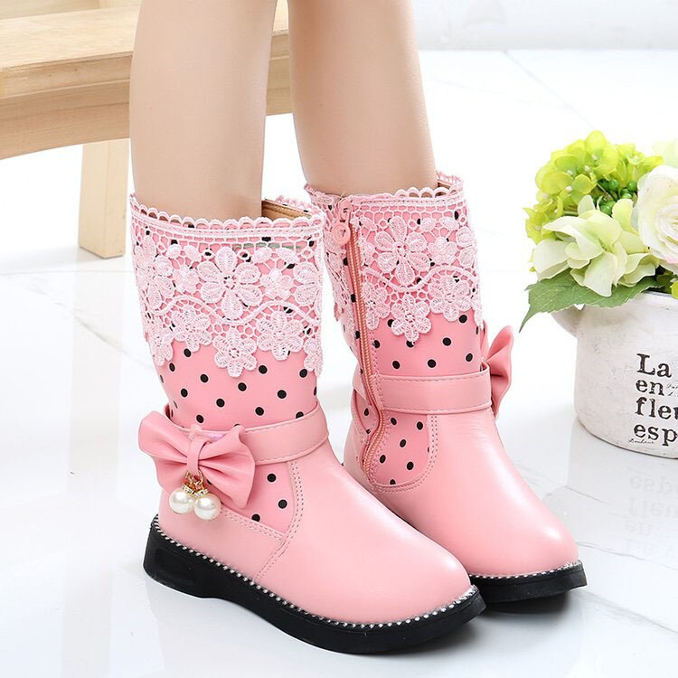 Bottes chaudes en coton pour filles, chaussures d'hiver à la pour enfants, bottes de neige en cuir PU avec dentelle et nœud papillon