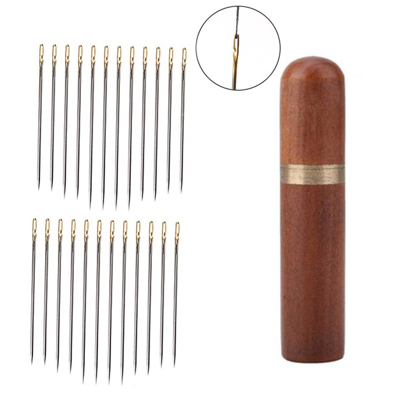 12/24Pcs Blind Needle Elderly Needle-side Hole Hand Household Sewing Needless Threading Apparel Sewing With Wooden Needle Case: 24pcs golden set 1