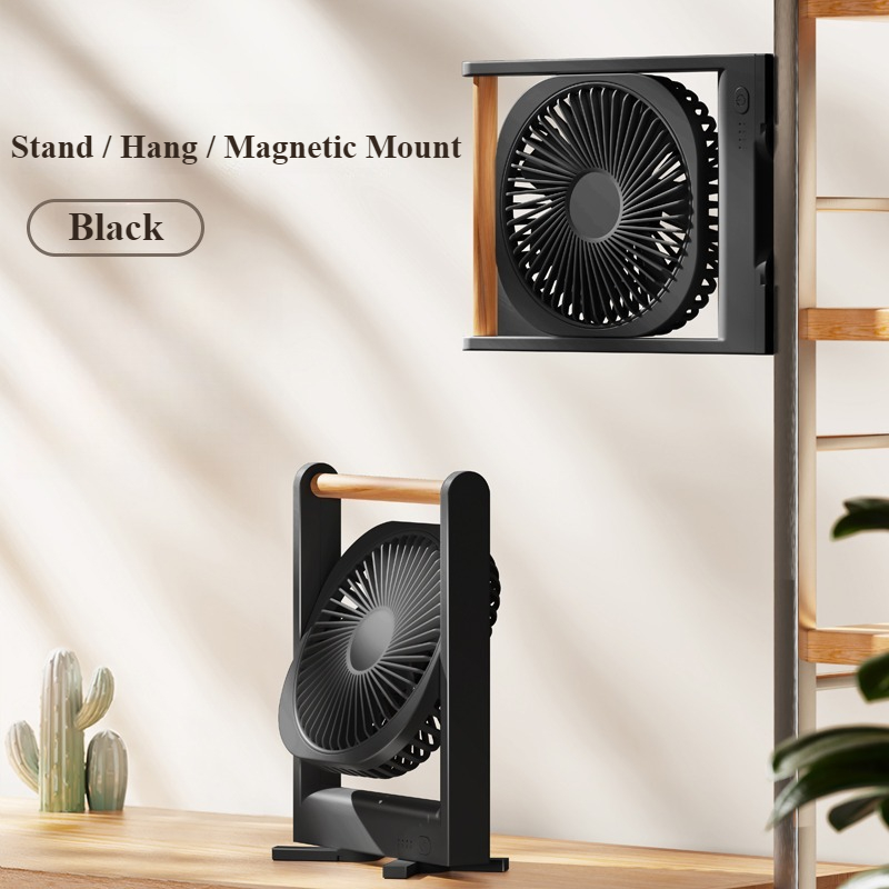 Eary-ventilador de escritorio portátil 3 en 1, montado en la pared, con Base magnética, viento de 4 velocidades, colgante ajustable, Mini ventilador recargable por USB delgado: Negro