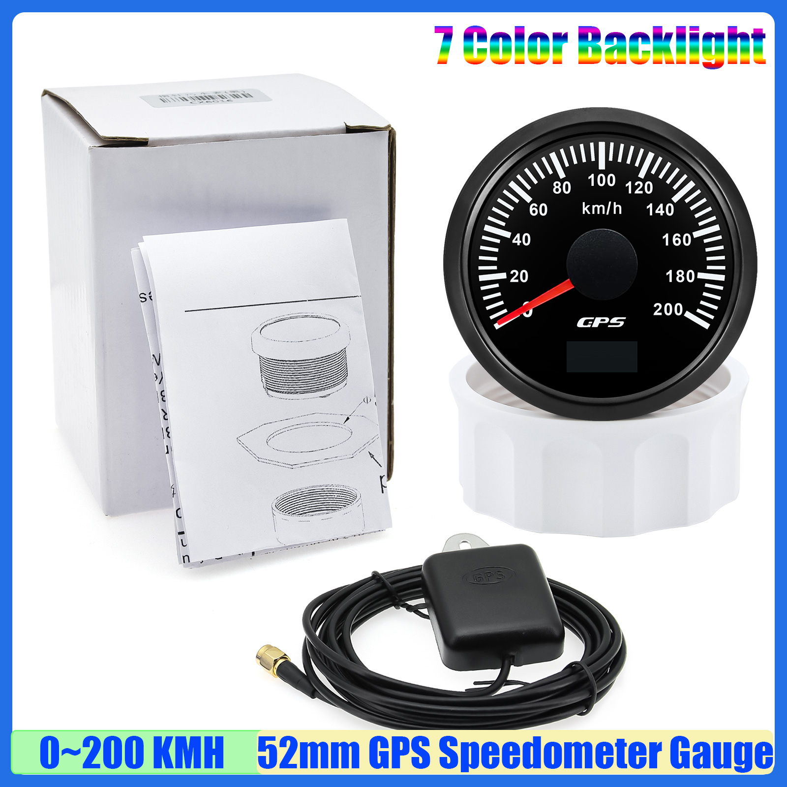 30 km/t 60 km/t 80 km/t 120 km 200 t gps-speedometer med antenne 7- farvet led-hastighedsmåler kilometertæller auto bil båd 12 v 24v brugerdefineret: Sort