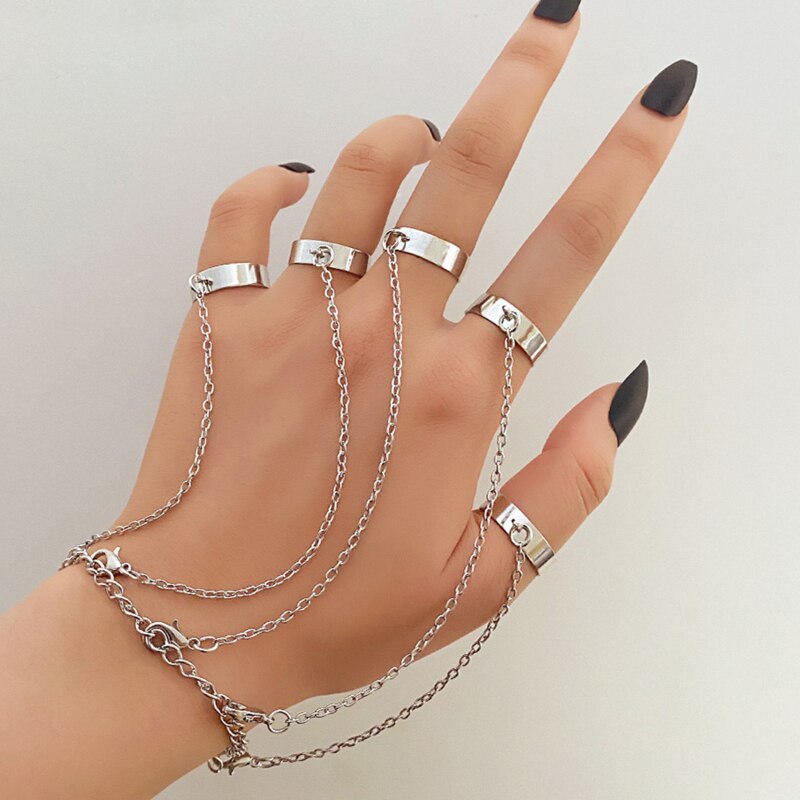 Punk-Armbinde mit fingerkettchen, ringen und armbändern für männer, Grunge- und emo-stil, verstellbare partnerarmbänder und manschetten für frauen