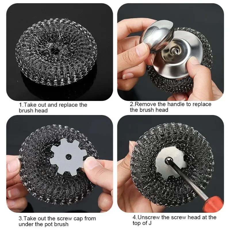 Spazzola per lavare in acciaio inossidabile Spazzola per pentole a sfera metallica con manici Pentole per piatti Pentole Strumenti per la pulizia Accessori per lavare i piatti da cucina
